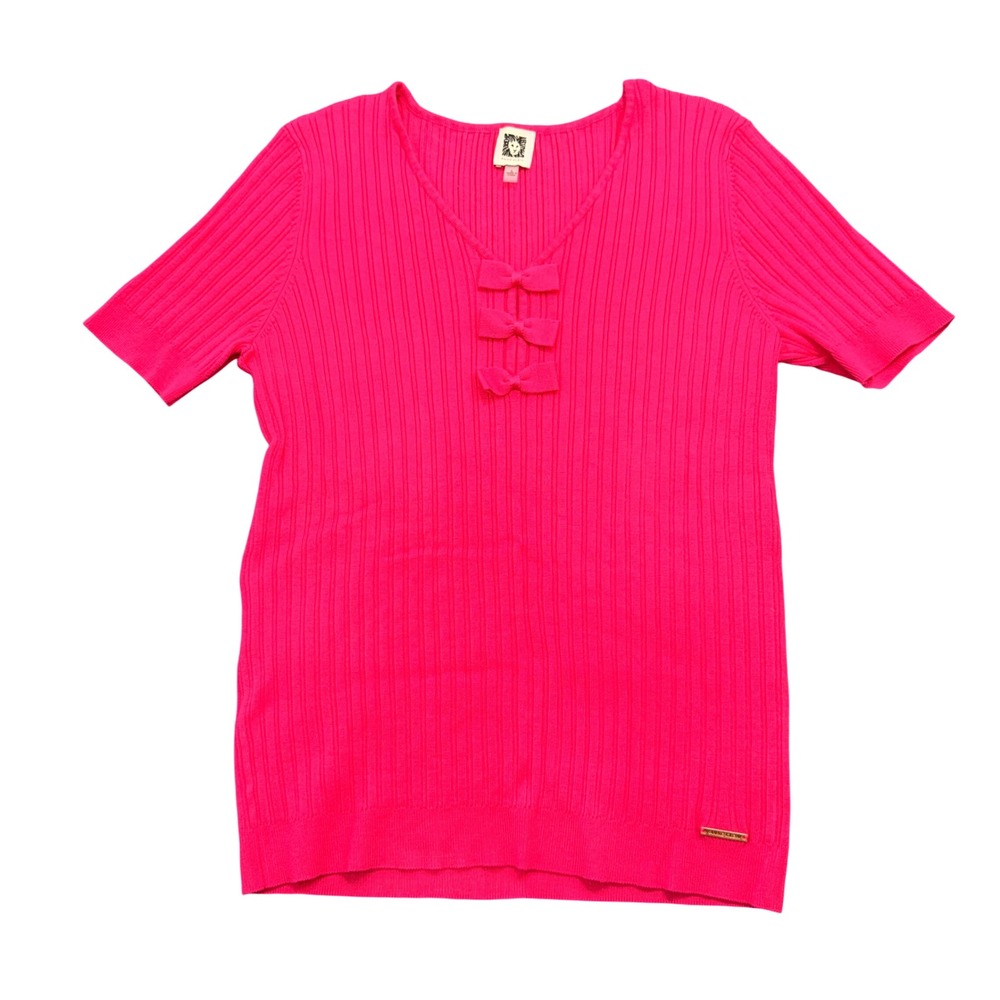 Anne Klein Womens Hot Pink Ribbed V-Neck Short Sleeve Bow Accent‎ Sweater Size L